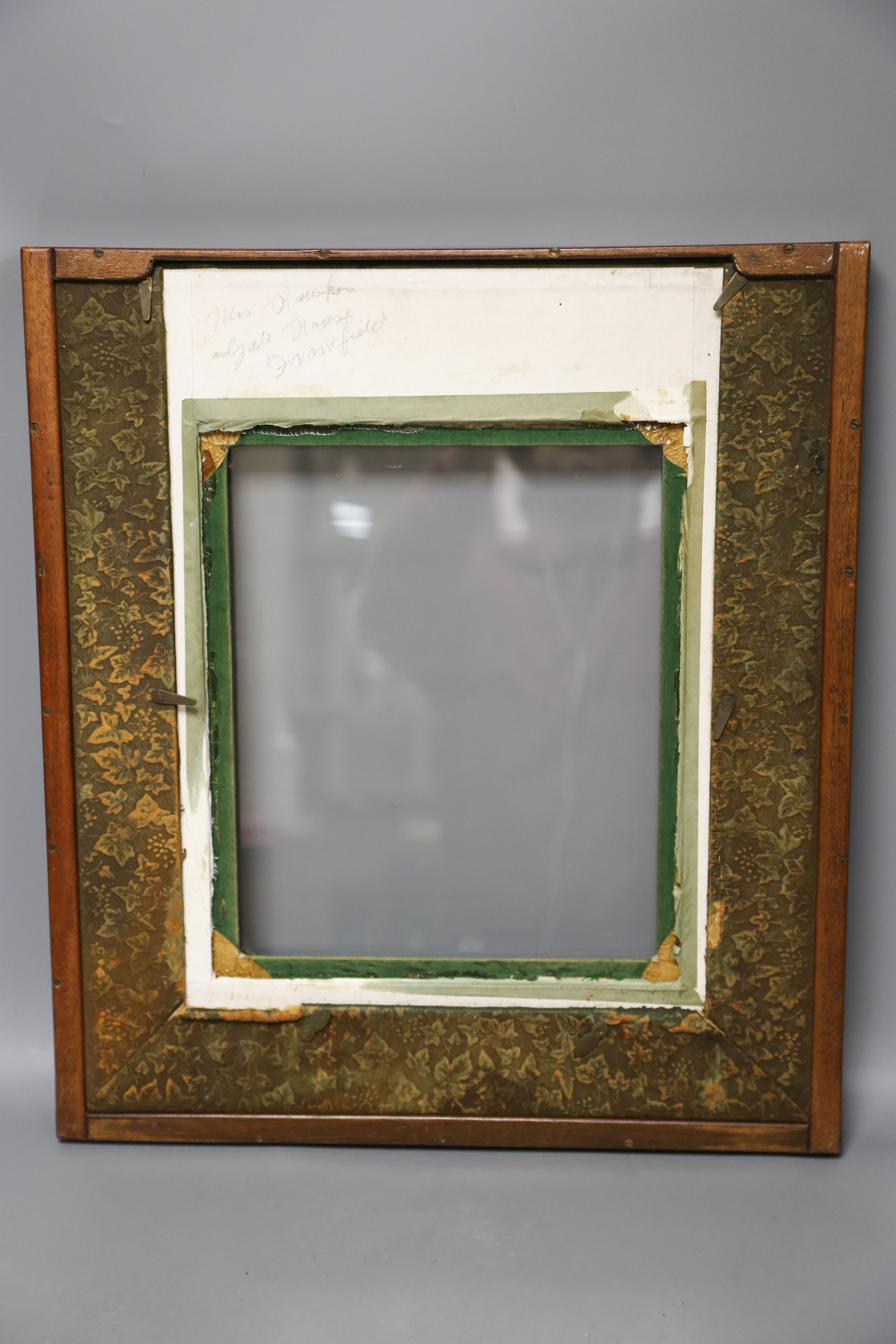 A mahogany picture frame with needlework mount 48x42cm